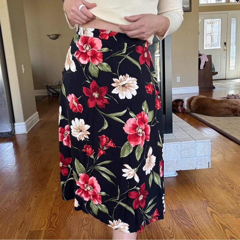 Vintage 90s Black Floral Romantic Midi Dress Fairy Summer Feminine Size Medium